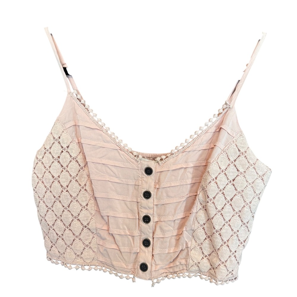 Pink Crochet Lace Smocked Button Up Crop Top Boho Festival L Coquette Fairy Fem - Picture 7 of 11